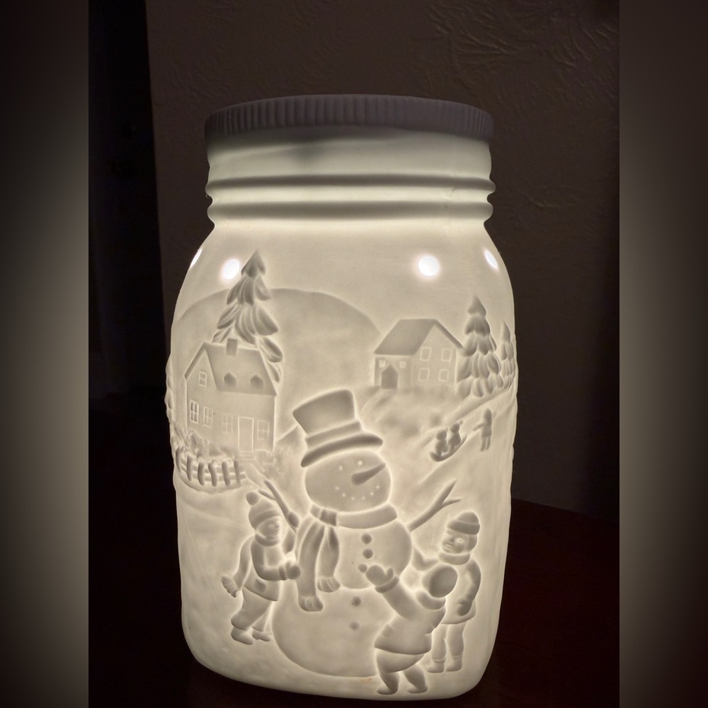 White Snowman Winter Scene Jar
